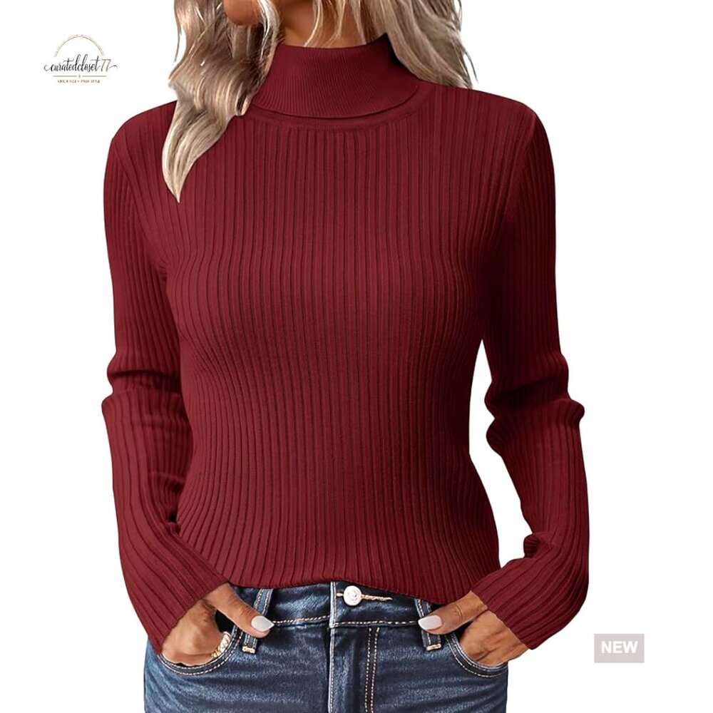 Slim Fit Turtleneck Pullover Sweater Ribbed Knit Long Sleeve Fall Winter